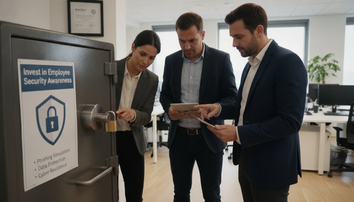 Small business team gathered around a desk reviewing security training materials on a laptop screen, with colleagues pointing at the display in a bright office setting