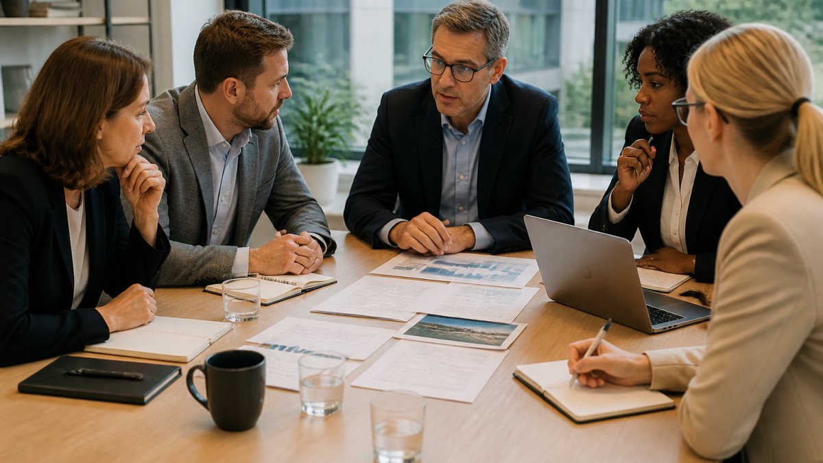 Professional team of business leaders sitting around a modern conference table reviewing strategy documents together, engaged in focused discussion with notepads and laptops, natural office lighting