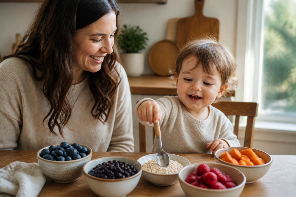 A parent and toddler sitting at a sunlit kitchen table, small bowls of colorful fiber-rich foods like berries, oats, and beans in front of them, the toddler reaching for a spoon with a happy expression