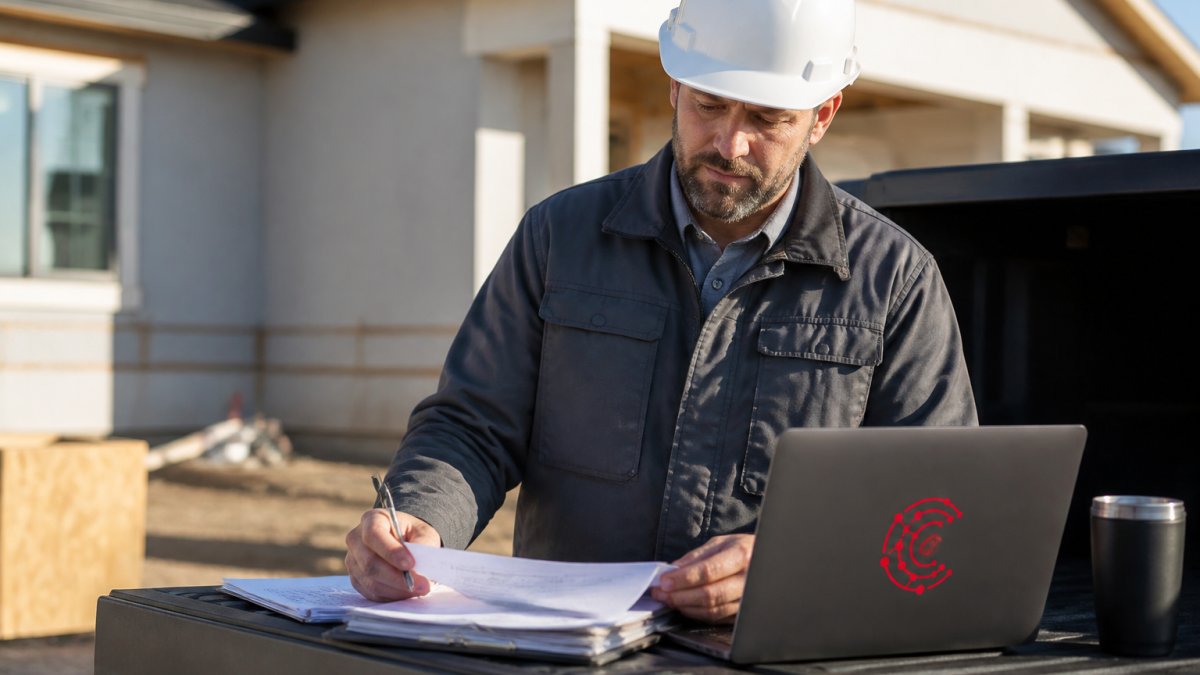 Contractor reviewing job cost paperwork on a truck tailgate to manage trade business cash flow