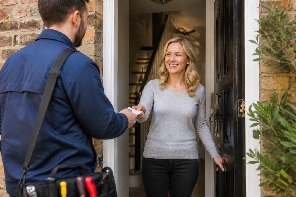 a tradesperson in branded workwear handing a business card to a smiling homeowner at their front door, conveying trust and reliability website conversion rate