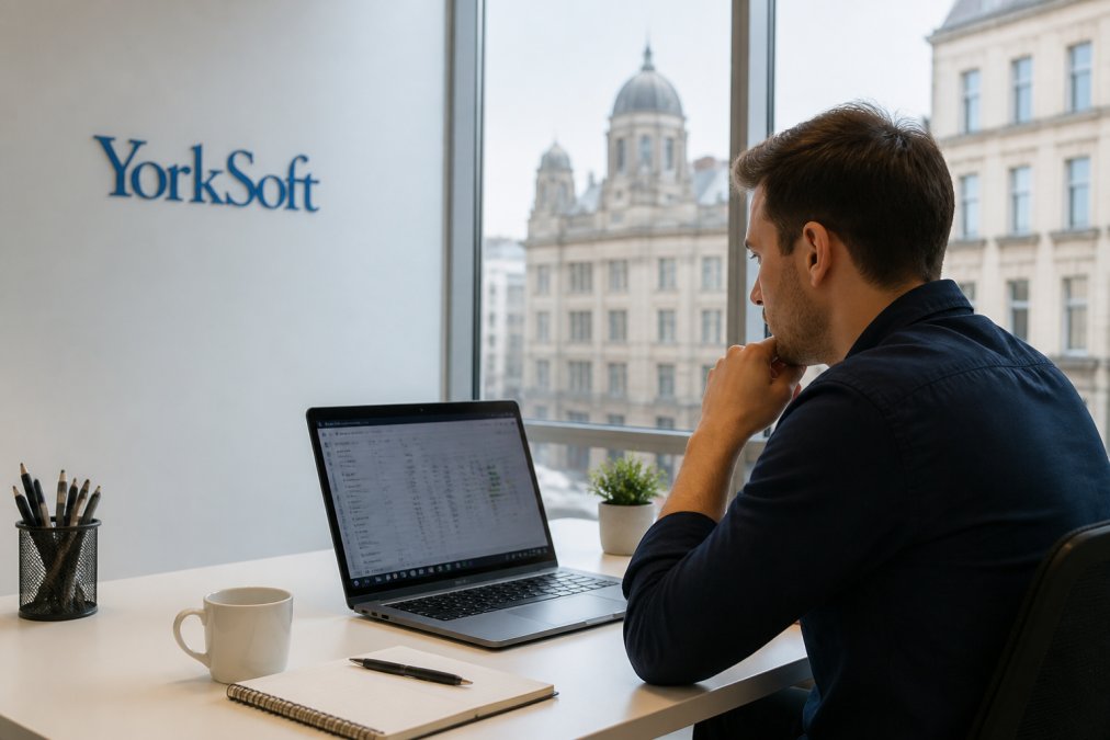 A marketing manager in a bright UK office reviewing AI search analytics on a laptop screen, with a notebook and coffee on the desk beside them