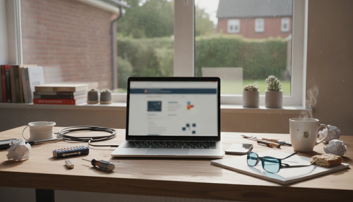 Small business owner checking their website on a mobile phone whilst sitting at a desk with a laptop, looking at performance metrics on screen