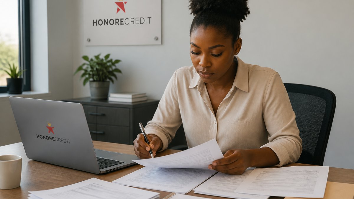 Person at desk reviewing credit report documents with a laptop and pen, looking focused and determined
