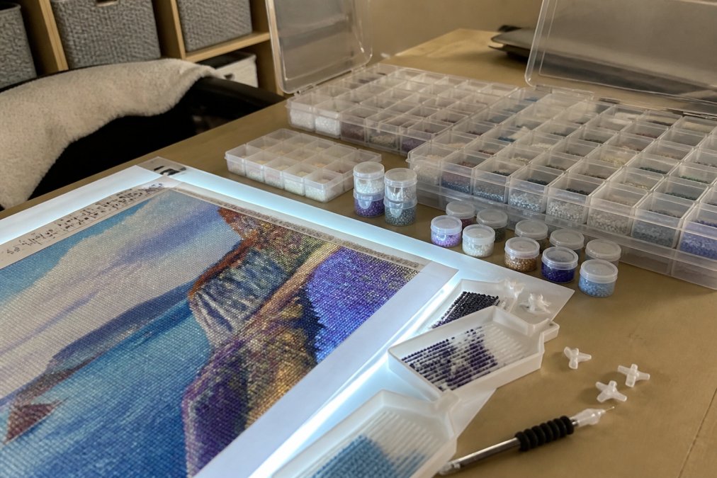 Organized workspace with compartmentalized storage boxes, trays with stoppers, and labeled drill containers arranged on a work table with a light pad and canvas
