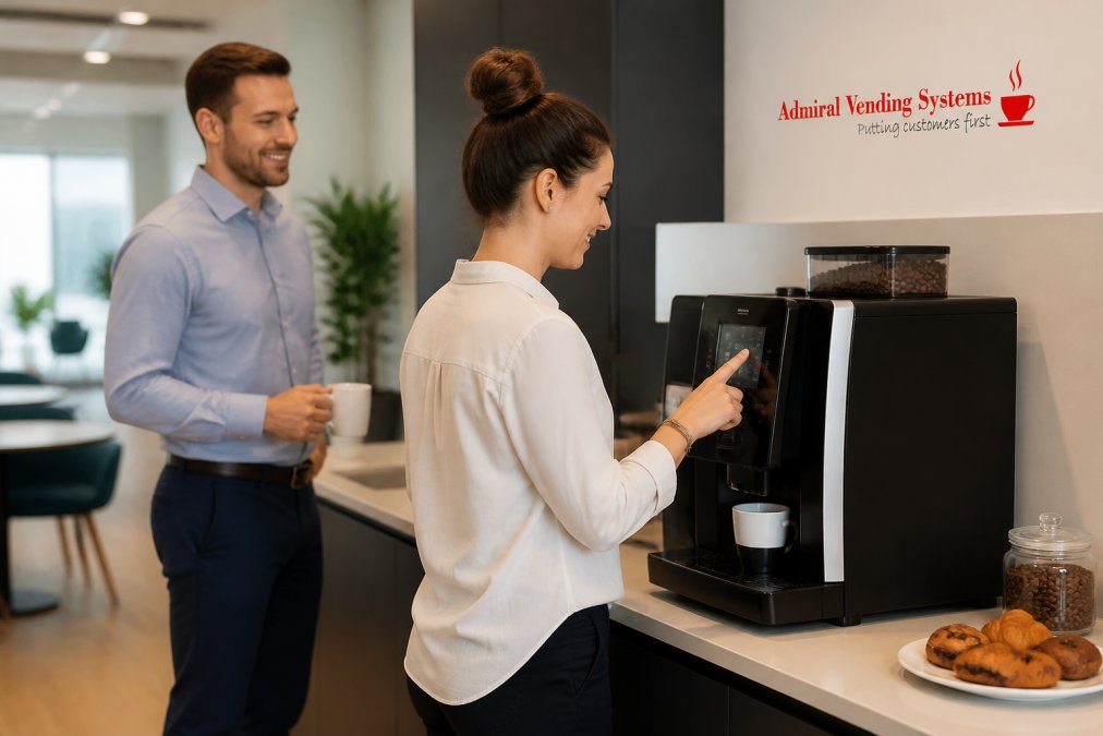 A modern office breakroom with a sleek bean to cup coffee machine on a clean counter, a smiling employee in smart casual clothing pressing the touchscreen to make a coffee, with a colleague waiting nearby and fresh pastries on a plate