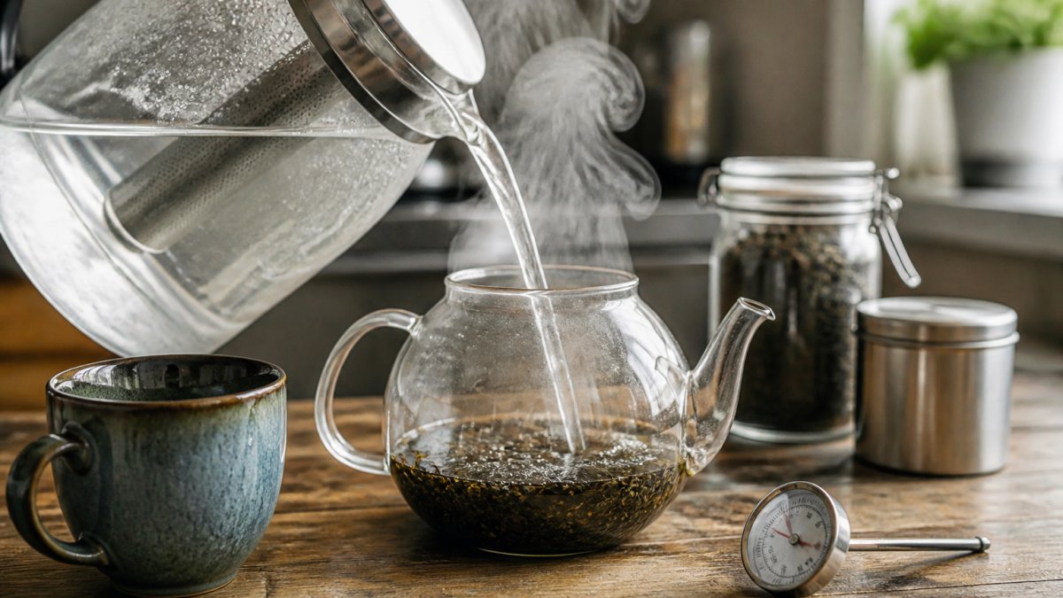 Hot water pouring over loose tea leaves in a glass teapot with a thermometer nearby on a wooden counter