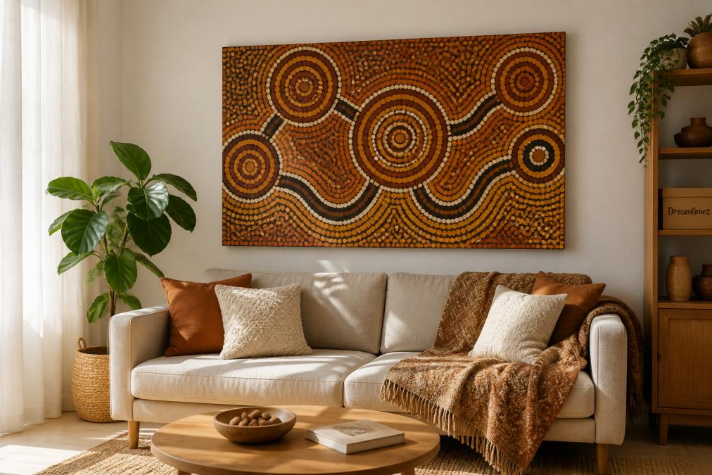 A bright, modern living room featuring a large Aboriginal dot painting in ochre pigments above a neutral linen sofa, with a woven textile throw and natural light streaming through sheer curtains