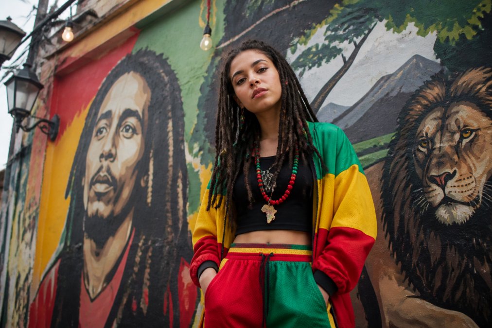 Young person wearing bold reggae-inspired streetwear with vibrant red, gold, and green tones, standing confidently in an urban setting with cultural artwork visible in the background