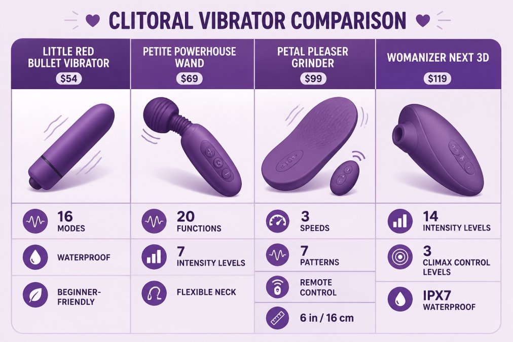 Comparison matrix detailing features, pricing, and modes for four different types of clitoral vibrators.