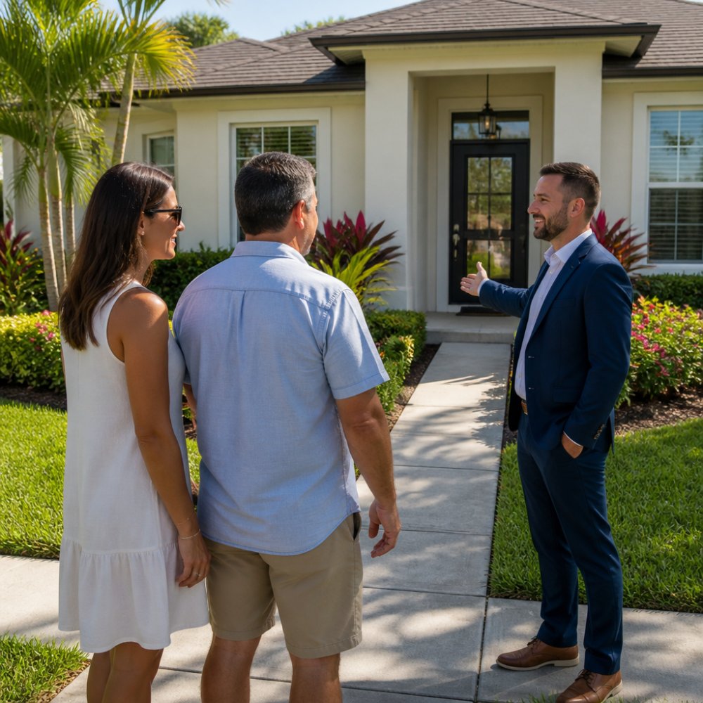 A well-maintained single-story Florida home exterior with fresh paint, a clean entry door, and manicured landscaping under bright sunlight, shot from the front walkway