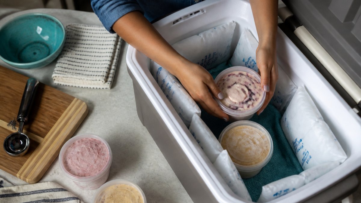 Hands packing ice cream pints into a cooler with gel packs for transporting ice cream safely.