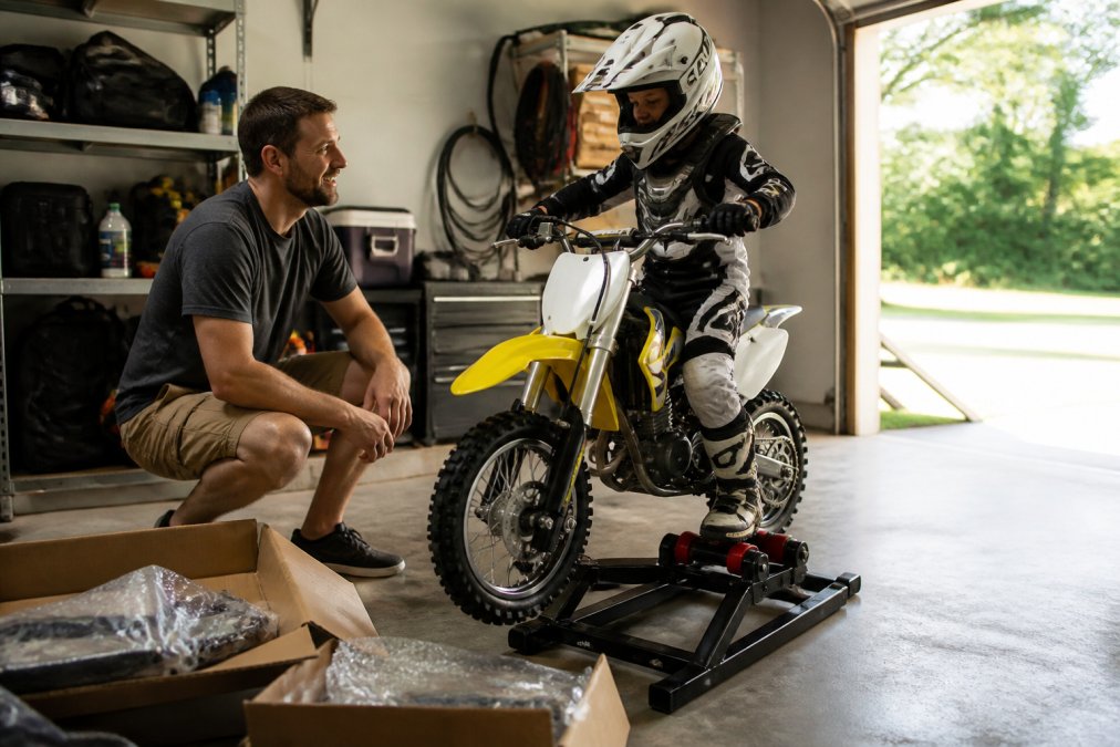 A young child in full motocross gear balancing on a stationary dirt bike trainer inside a clean garage, parent kneeling nearby offering encouragement, warm afternoon light through an open door