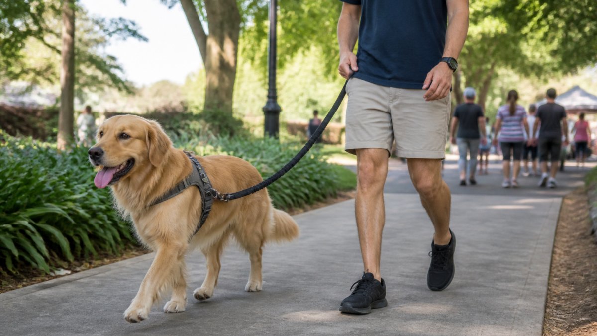 Dog owner walking a medium-sized golden retriever on a personalised harness and bungee lead through a busy public park, showing proper control and positioning on the footpath with natural sunlight