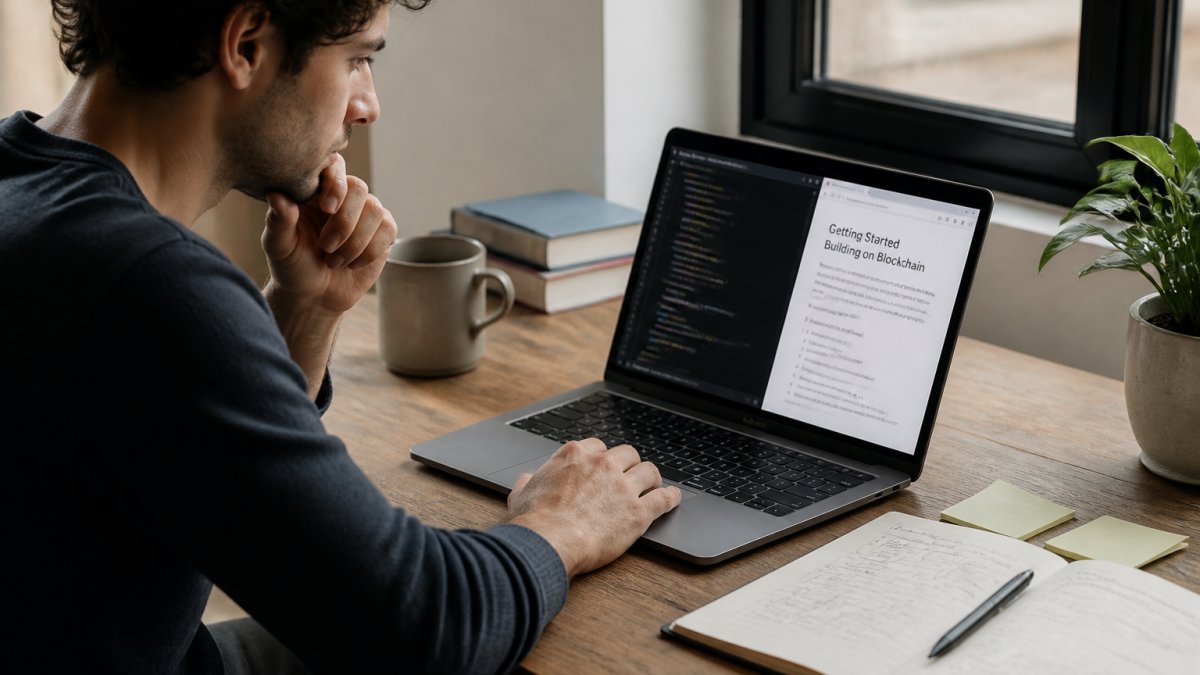 Flowchart visualizing the step-by-step development process of a blockchain project on a laptop screen