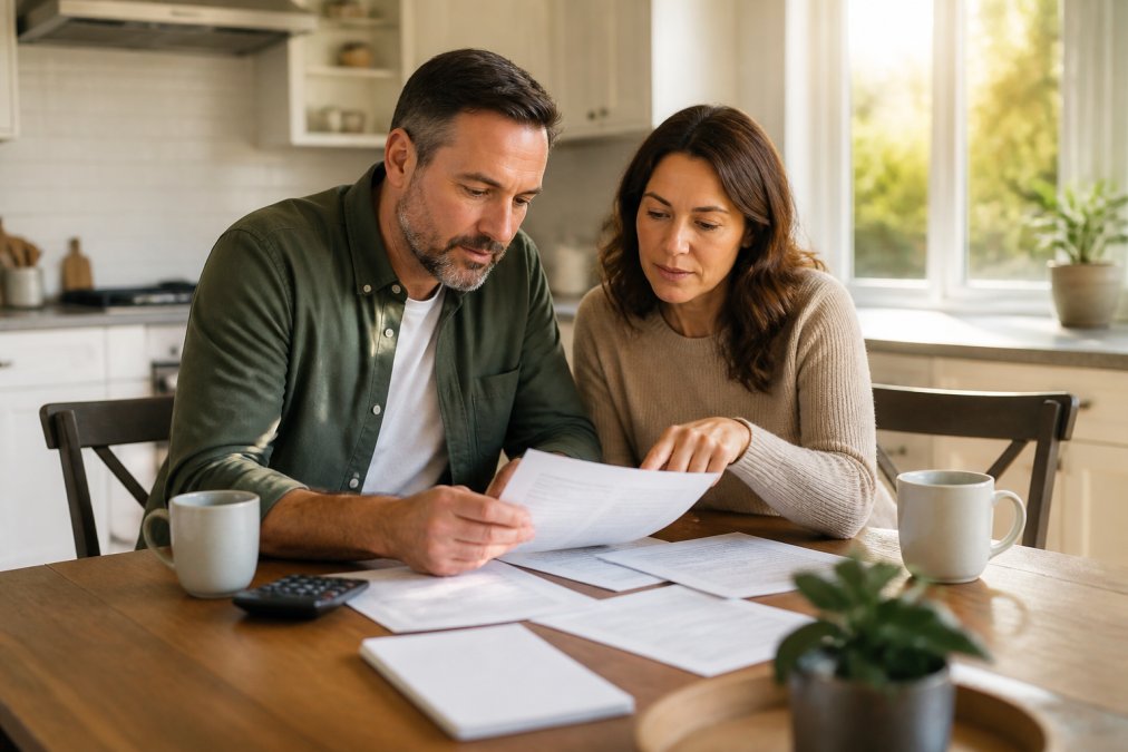 A couple sitting at a kitchen table reviewing home and auto insurance documents with a laptop open, warm afternoon light through the window