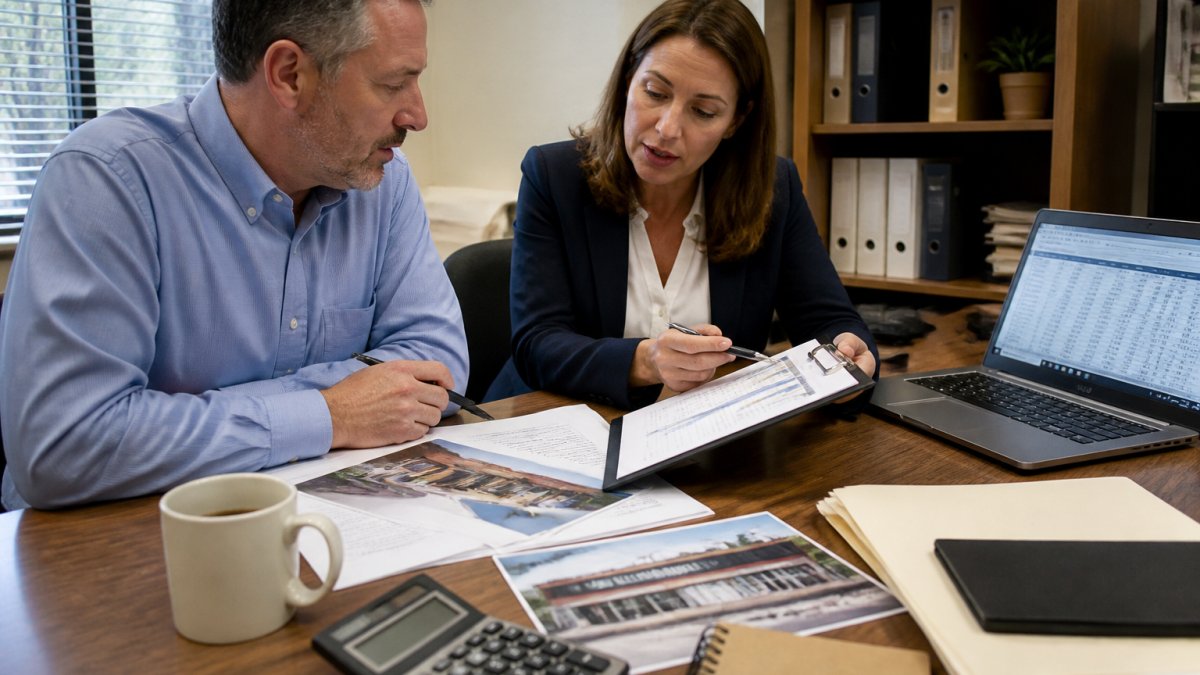A commercial building owner and an insurance agent reviewing property documents and a clipboard at a desk inside a small office, with a laptop showing a spreadsheet open nearby