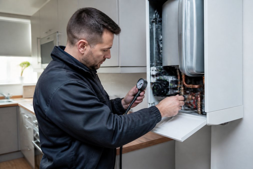 A Gas Safe registered engineer in professional workwear inspecting an open boiler panel in a modern kitchen, holding a pressure gauge and checking internal components