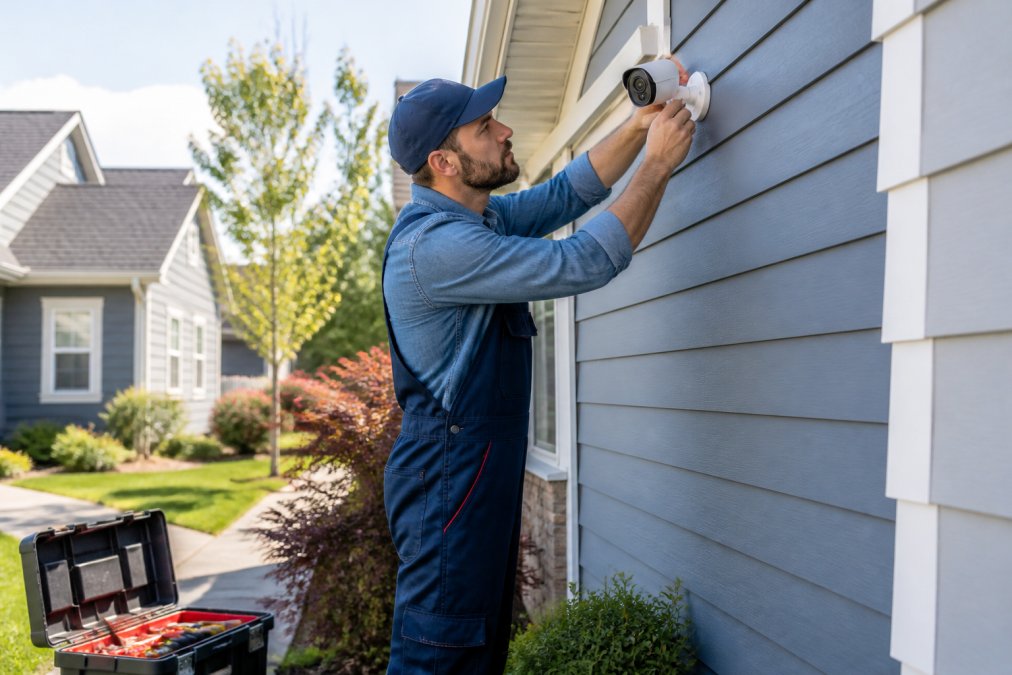 Homeowner installing a smart security camera to help lower homeowners insurance premiums on a sunny day