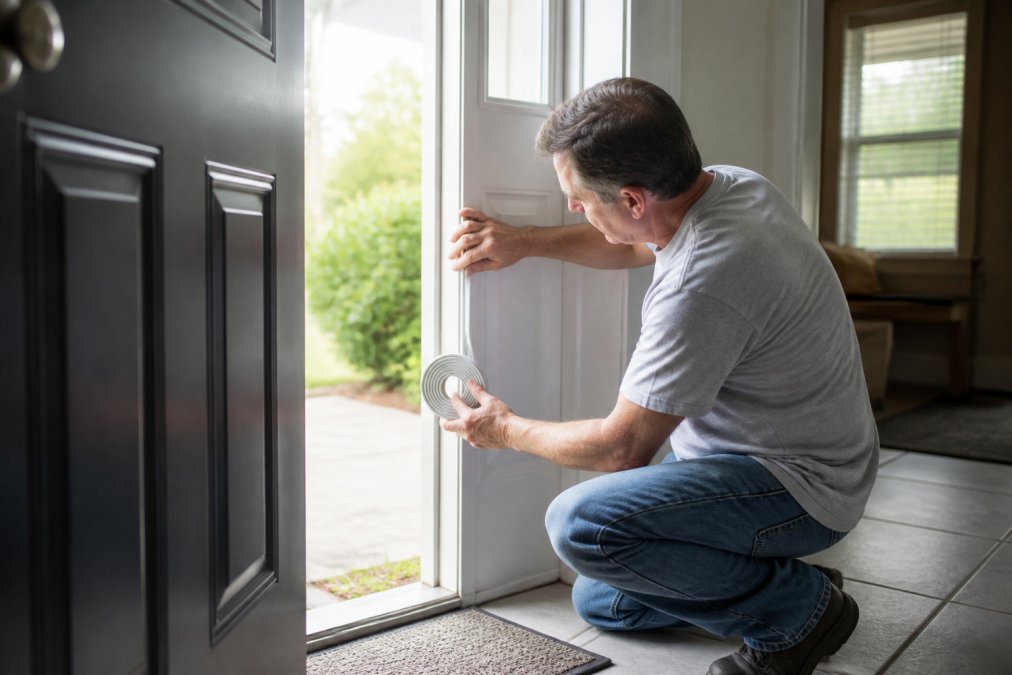 Homeowner applying adhesive weatherstripping to a door frame to help lower propane heating bills