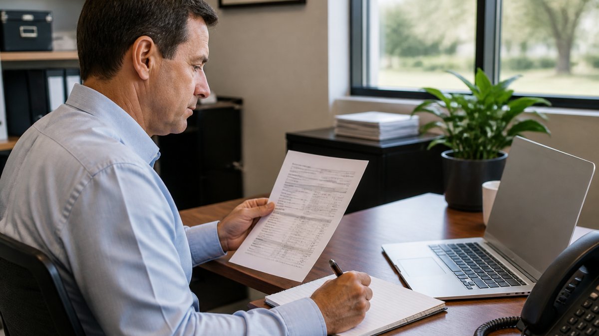 Professional sitting at desk with laptop and notepad, reviewing insurance documents and comparing quotes on computer screen, natural office lighting