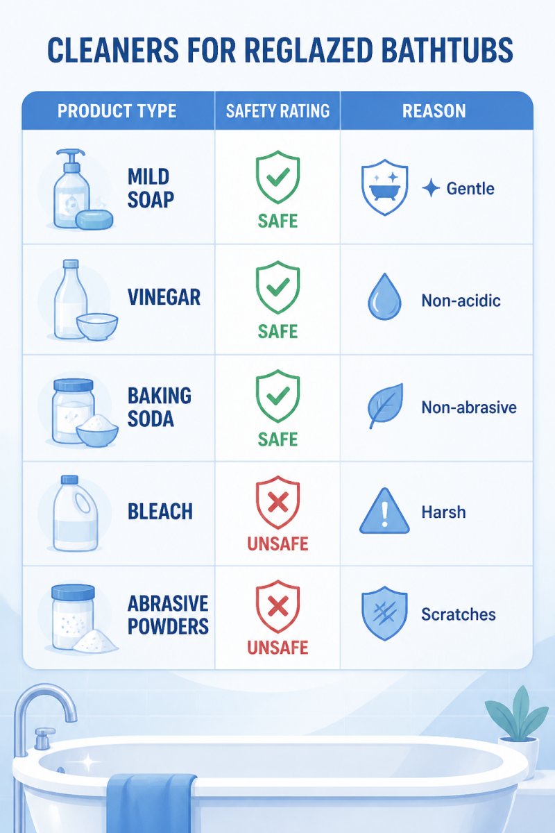 Comparison matrix showing safe vs. unsafe cleaning products for refinished bathtubs: columns for product type (mild soap, vinegar, baking soda, bleach, abrasive powders), safety rating (safe/unsafe), and reason