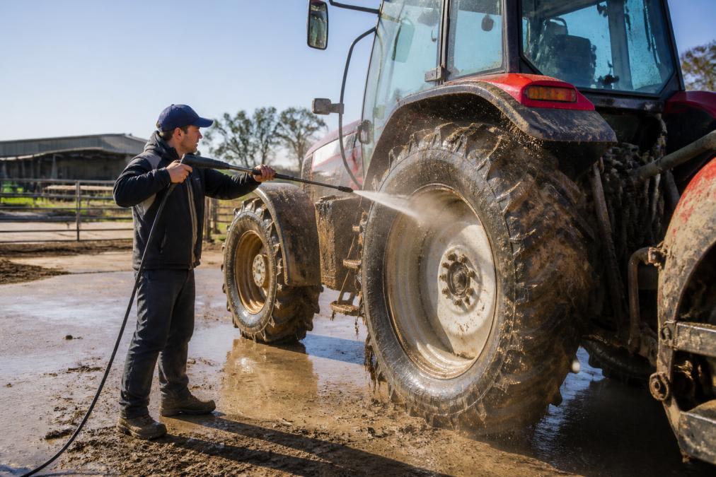 Farmer using a pressure washer to clean dried mud and red dust from a tractor in bright daylight, with paddocks and agricultural buildings visible in the background