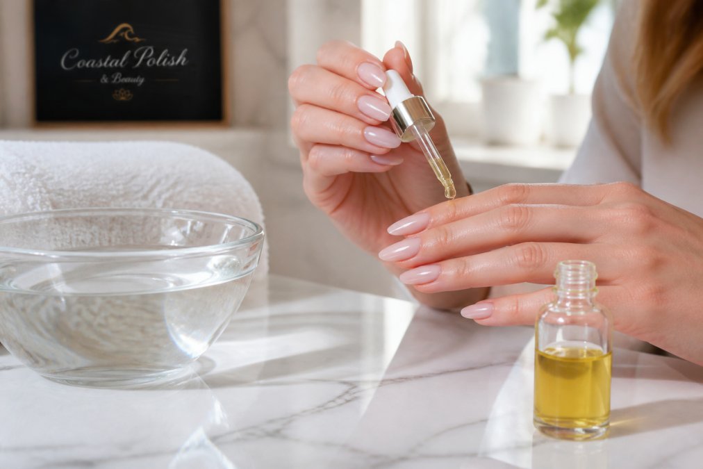 Woman applying cuticle oil to gel nails on a marble countertop as one of 7 ways to maintain luxury gel nails at home