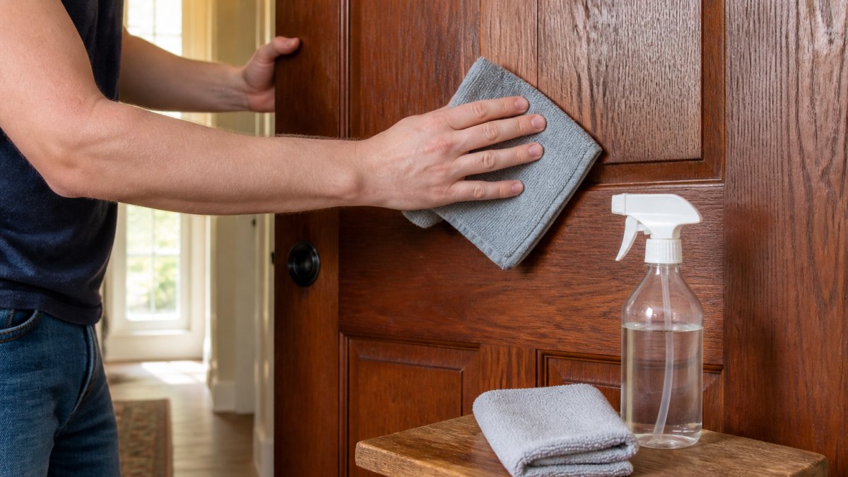 Hands gently wiping a wood veneer door with a damp microfiber cloth in natural light