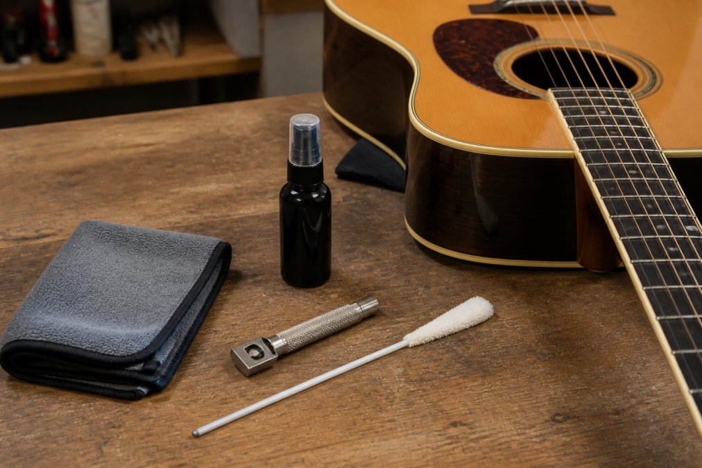 A musician's workbench with a microfiber cloth, fret polishing tool, small spray bottle of guitar polish and a cleaning swab laid out beside an acoustic guitar, warm indoor lighting