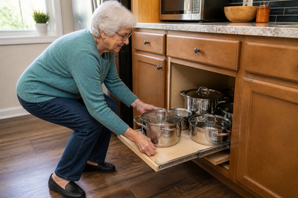 An older adult pulling out a lower kitchen cabinet shelf to reach a stockpot, showing the smooth glide mechanism and clear access to the cabinet's back row