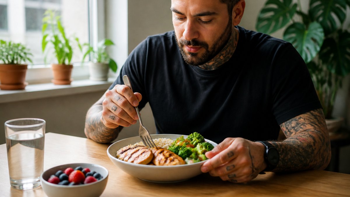 Person eating a balanced meal with grilled chicken, brown rice, and fresh vegetables at a table in natural morning light, appearing calm and prepared