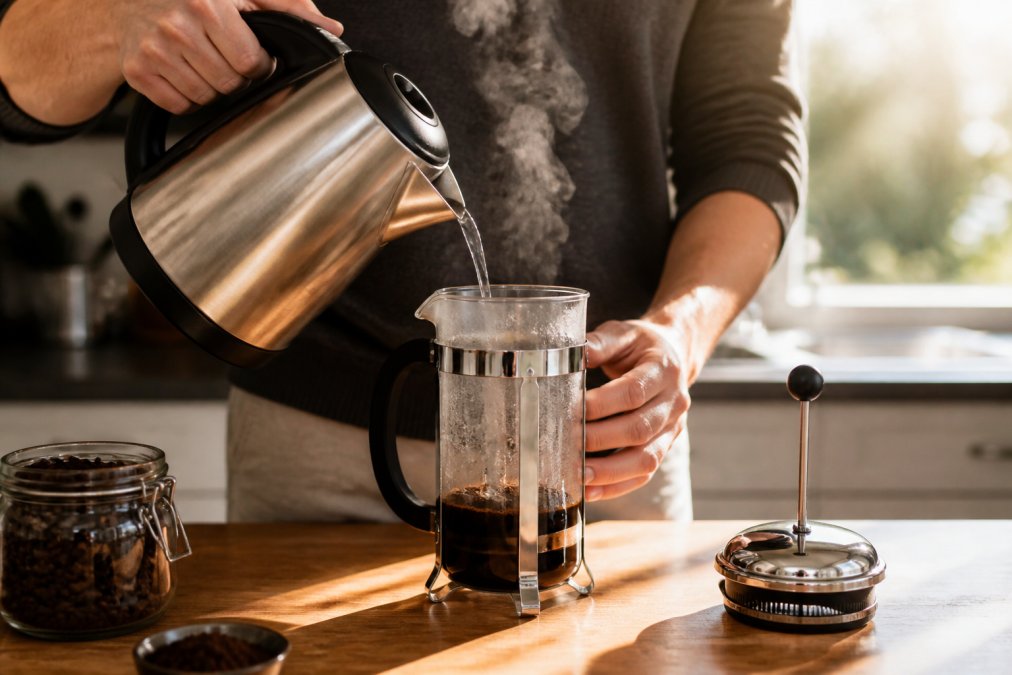Hands carefully pouring steaming water from an electric kettle with temperature display into a glass French press, with visible steam rising and morning light streaming through a kitchen window