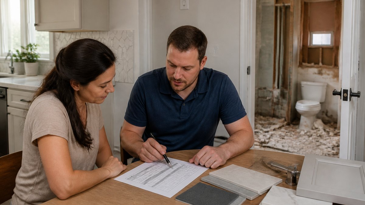 A homeowner and a renovation contractor reviewing a printed budget sheet and material samples on a kitchen table, with a partially demolished bathroom visible through an open doorway behind them