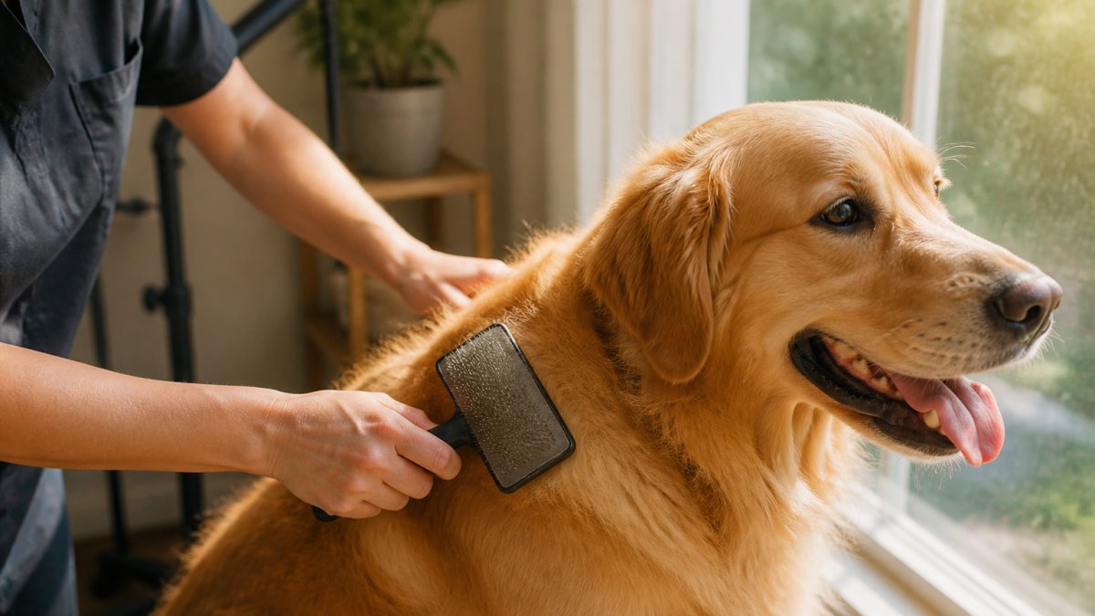 Close-up of a dog owner's hands using a slicker brush on a golden retriever's coat, showing proper gentle brushing technique with natural sunlight streaming through a window