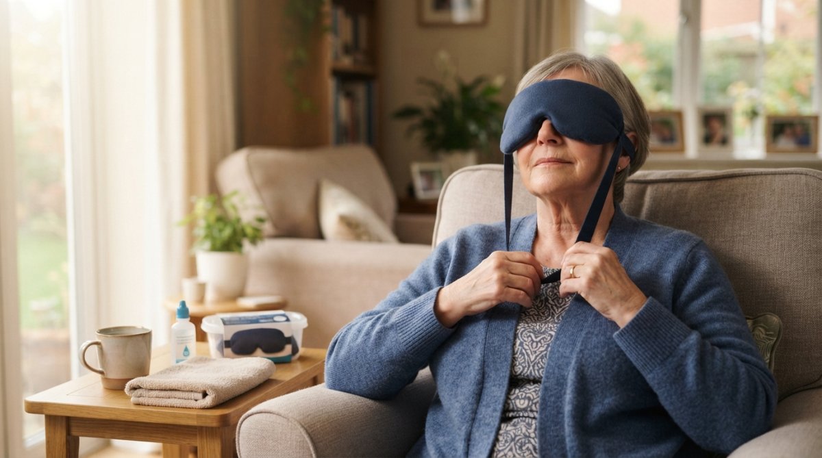Professional illustration showing patient and applying and warm concepts for manage dry eyes after cataract surgery