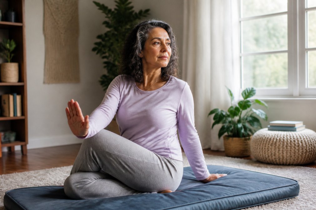 A woman in her fifties doing gentle seated yoga stretches on a cushioned mat in a bright living room, calm expression, morning light through the window