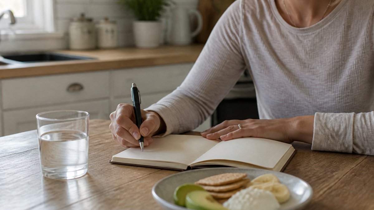 A person in comfortable clothes sitting at a kitchen table with a glass of water, a plate of light food, and a journal, looking calm and focused in soft morning light