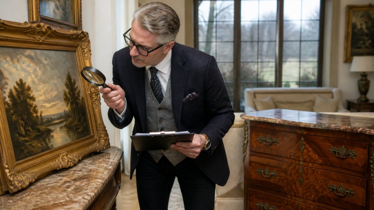 Professional appraiser in fine clothing examining a framed landscape painting and antique furniture piece in a luxury home, using a magnifying glass and taking detailed notes on a clipboard, natural light from large windows