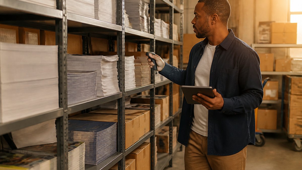 Small business employee scanning printed materials with tablet while checking inventory on shelves in storage area