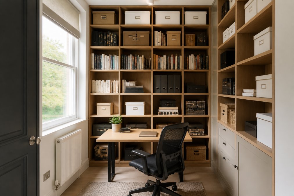 A bright small home office with floor-to-ceiling wooden shelving filled with organised boxes and books, a clear desk with a monitor and small plant below, natural light from a window