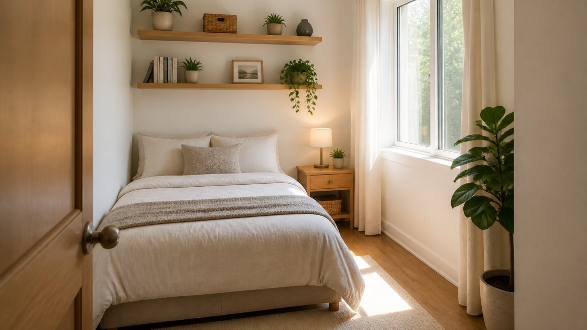 Small bedroom with bed positioned against wall, floating shelves above headboard, compact nightstand, and clear floor space visible from doorway with natural light from window