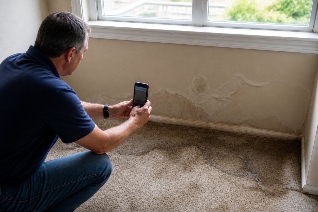 Homeowner photographing water-damaged wall and flooring with smartphone, showing wet drywall and stained carpet in residential interior with natural window light