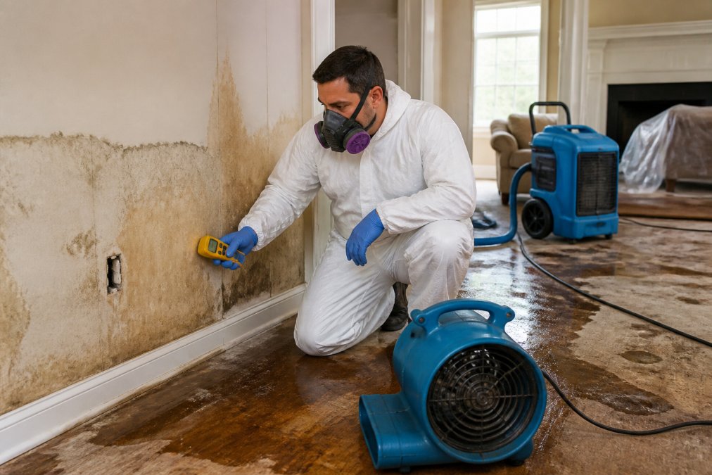 IICRC-certified restoration technician in protective gear assessing water damage with moisture meter and equipment in a residential living room with water-stained walls and flooring