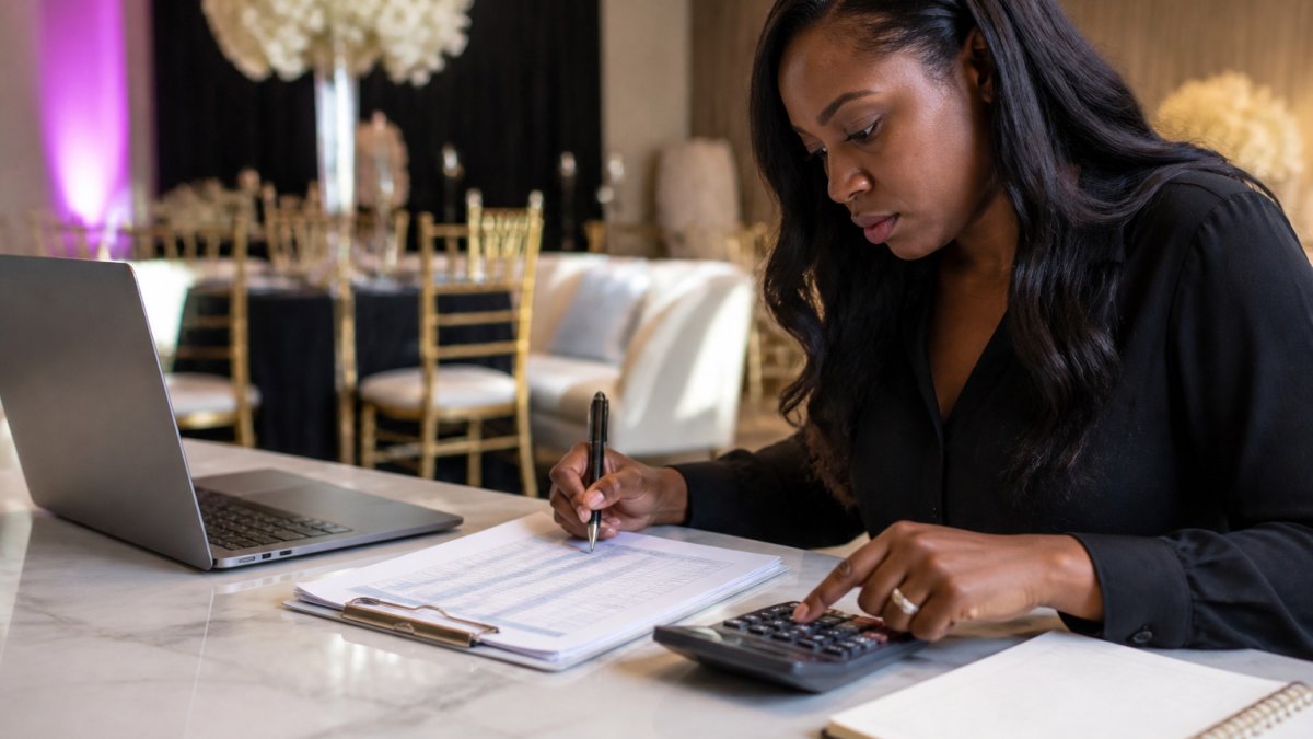 Corporate event planner reviewing a spreadsheet to measure corporate event ROI on a laptop at a desk