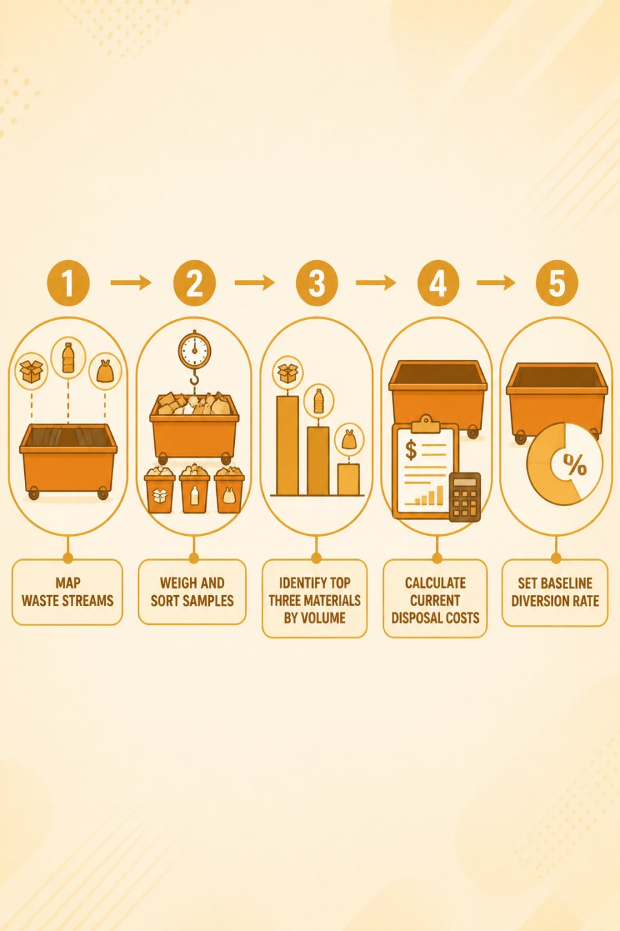 Five-step waste audit flowchart: 1) Map waste streams, 2) Weigh and sort samples, 3) Identify top three materials by volume, 4) Calculate current disposal costs, 5) Set baseline diversion rate