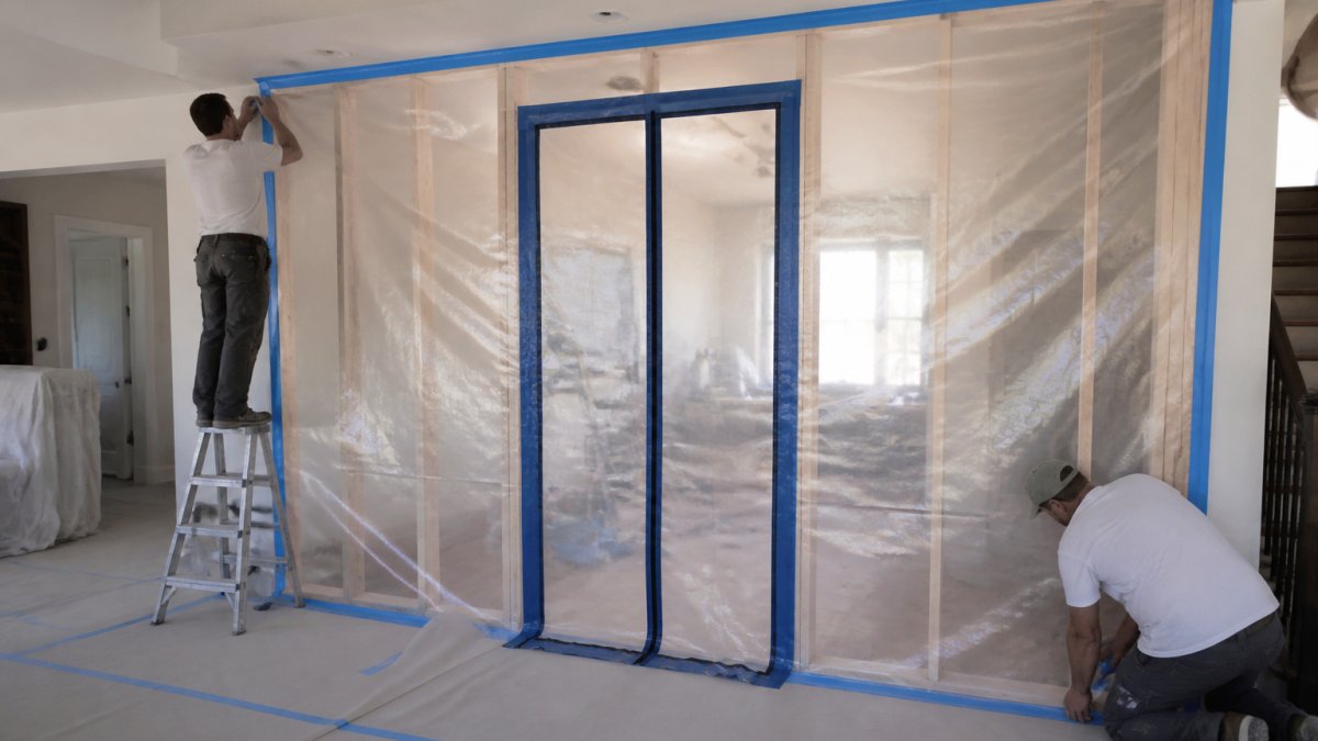 Professional construction crew installing clear plastic sheeting barriers with blue zip wall doors on interior wall frame, creating sealed renovation containment zone in residential home