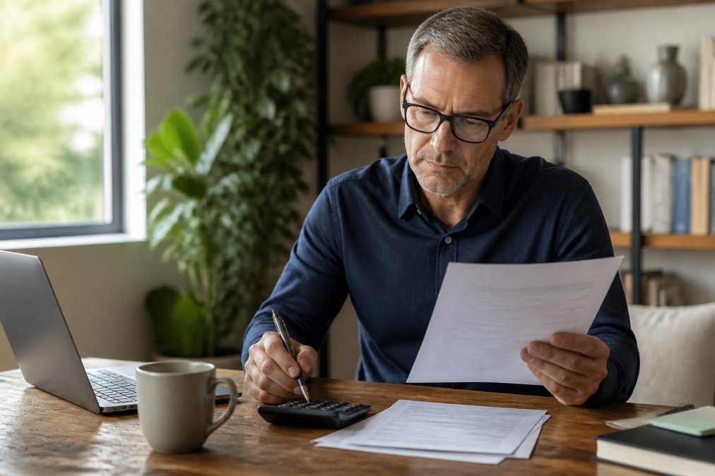 Middle-aged professional in business casual attire reviewing financial documents and retirement statements at a wooden desk with a laptop, calculator, and coffee cup in natural morning light from a nearby window