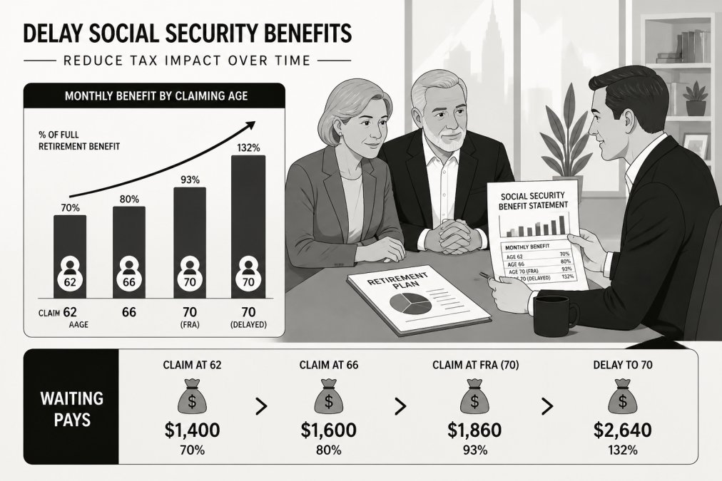 Couple in their early 60s in professional attire reviewing retirement planning documents with a financial advisor at a conference table in a modern office, with charts and benefit statements visible