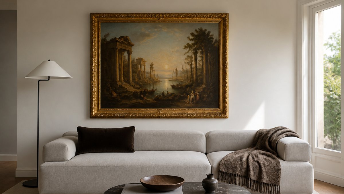 Ornate gold-framed classical painting above a modern sofa, showing 7 ways to mix art history and modern decor.